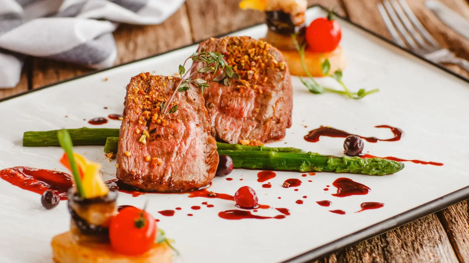 Gourmet steak served with asparagus, berry reduction, and microgreens — representing the elevated dining scene in San Miguel de Allende