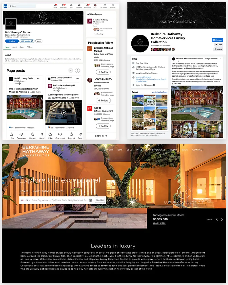Screenshots showing Berkshire Hathaway HomeServices Luxury Collection social media presence and digital campaigns, highlighting enhanced exposure for San Miguel de Allende listings across LinkedIn, Facebook, and brand websites.