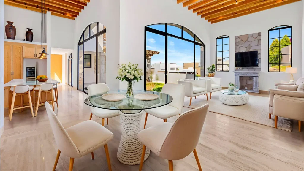 Modern luxury vacation home interior in San Miguel de Allende featuring wood beam ceiling, black-framed arched windows, and contemporary open-plan design