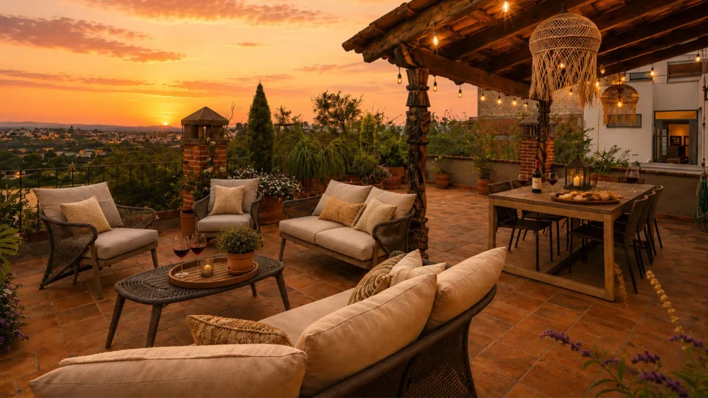 Luxury rooftop terrace with outdoor seating and panoramic sunset views over San Miguel de Allende, Guanajuato, ideal for buyers evaluating high-end homes in the city.